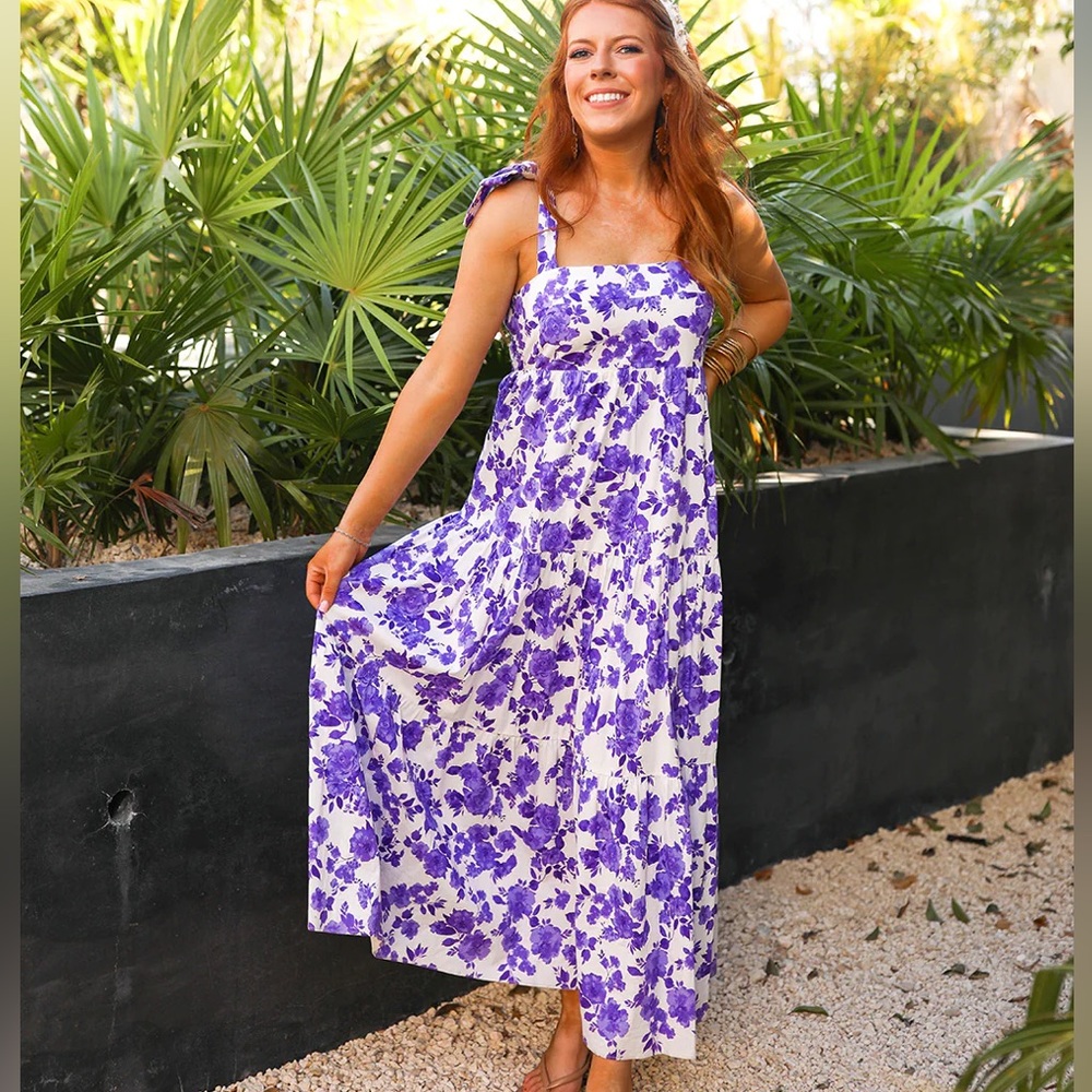 Tie-shoulder, purple floral maxi dress
